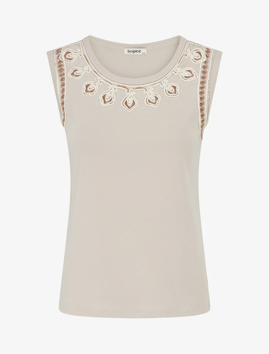 T-shirt uni sans manches à col stylisé - Beige
