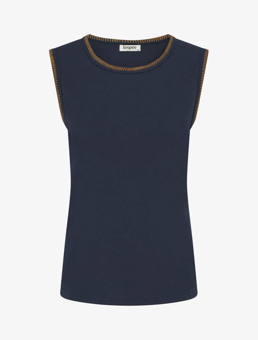 T-shirt uni sans manches à détail broderies - Marine