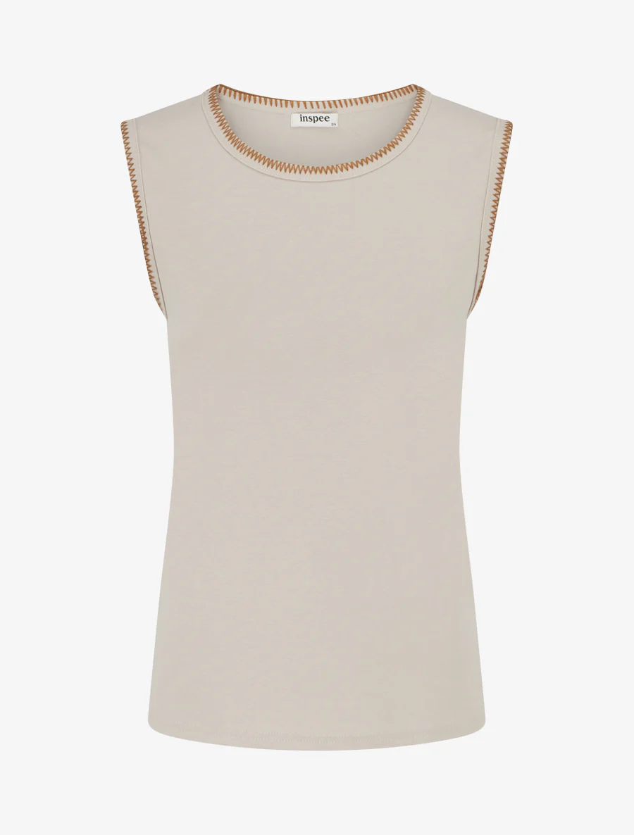 T-shirt uni sans manches à détail broderies - Beige