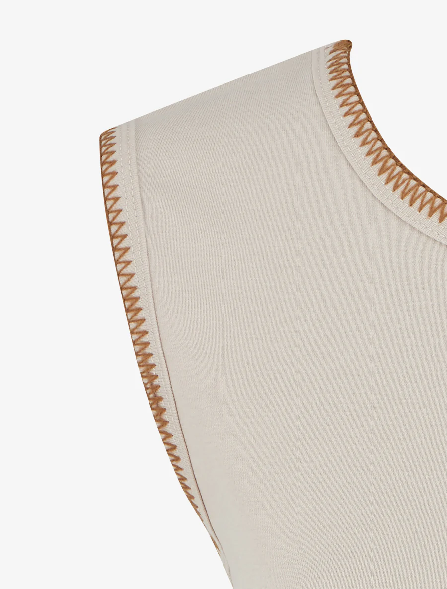 T-shirt uni sans manches à détail broderies - Beige - Image 3