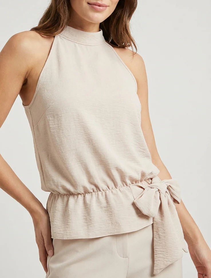 Top à col américain et noeud - Beige - Image 4
