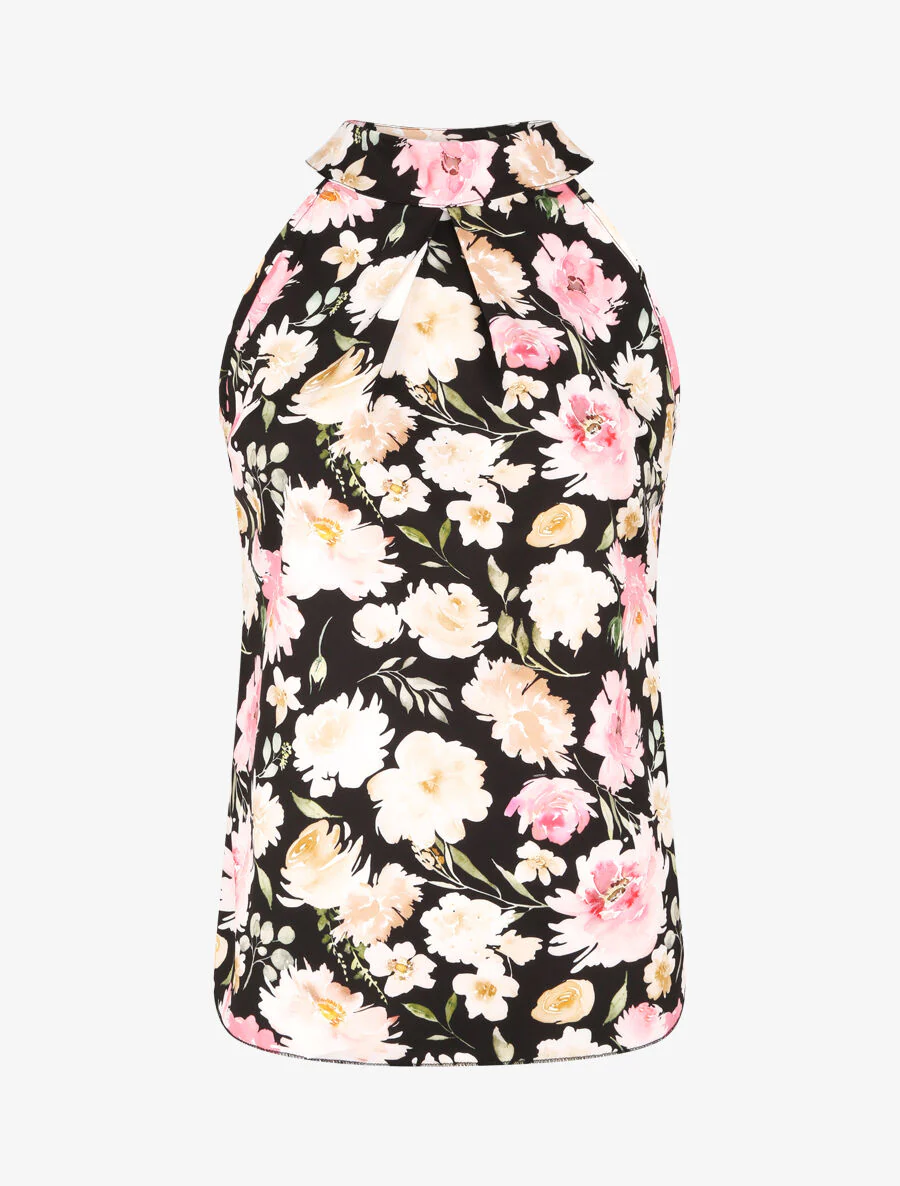 Top à col américain imprimé pivoines style aquarelle - Noir