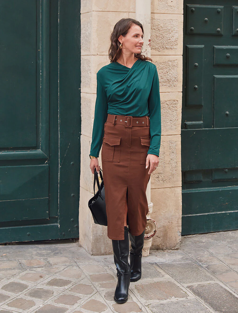 Top à col asymétrique plissé - Vert - Image 4