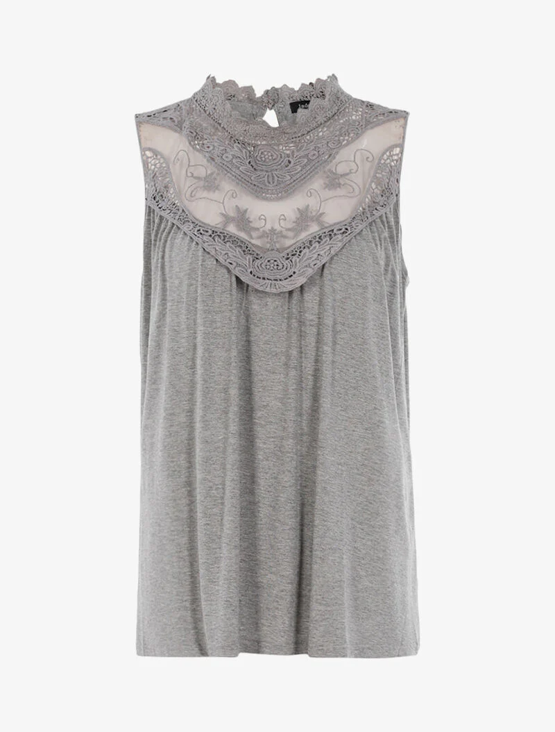 Top à décolleté en tulle et crochet - gris clair