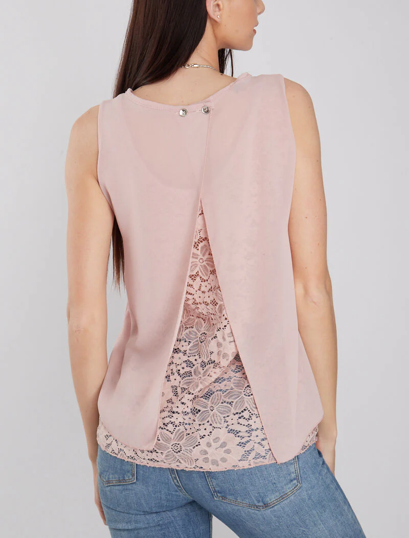 Top à dos fendu et dentelle - rose - Image 2