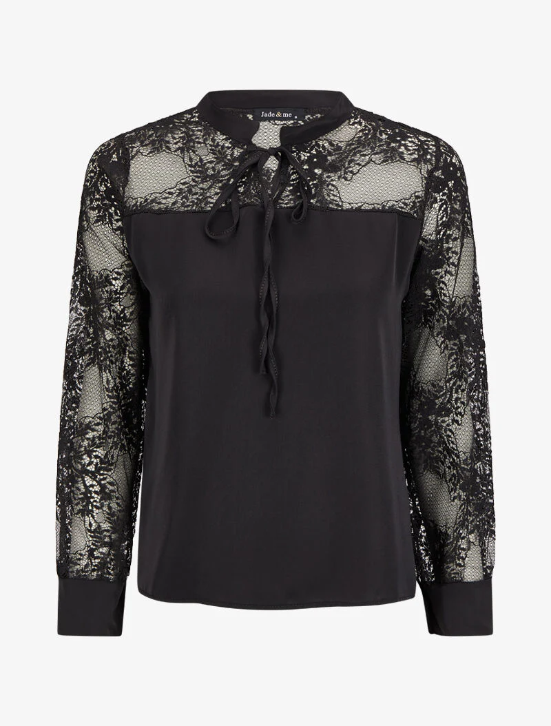 Top à empiècement dentelle fleurie - Noir