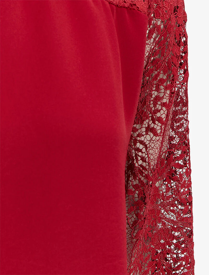 Top à empiècement dentelle fleurie - Rouge - Image 3
