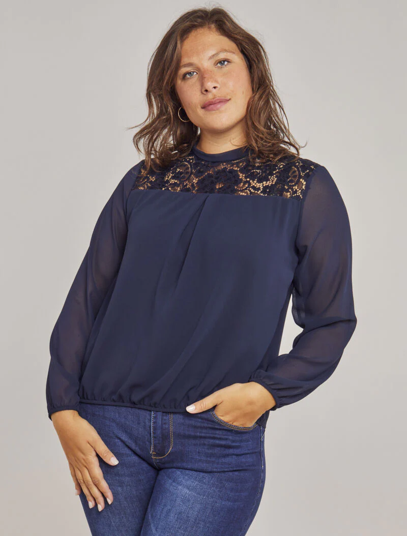 Top à empiécement dentelle - Bleu marine - Image 4