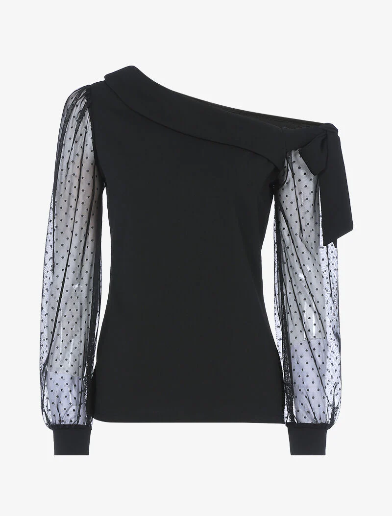 Top à encolure asymétrique et tulle - noir