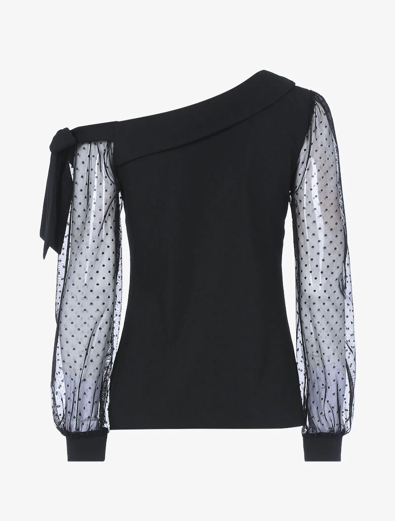Top à encolure asymétrique et tulle - noir - Image 2