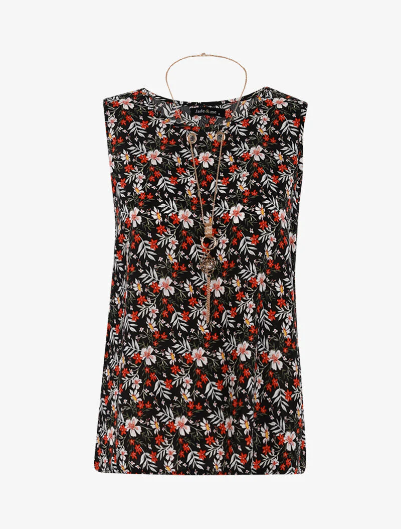 Top à imprimé fleuri et sautoir - noir