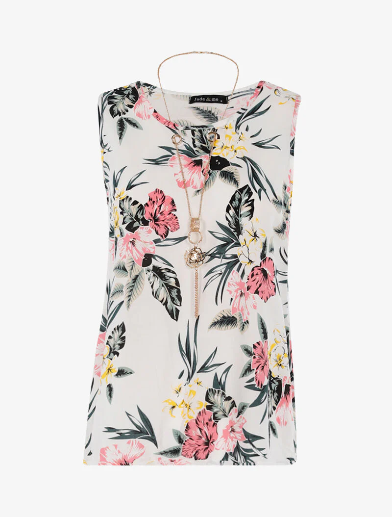 Top à imprimé fleuri et sautoir - blanc
