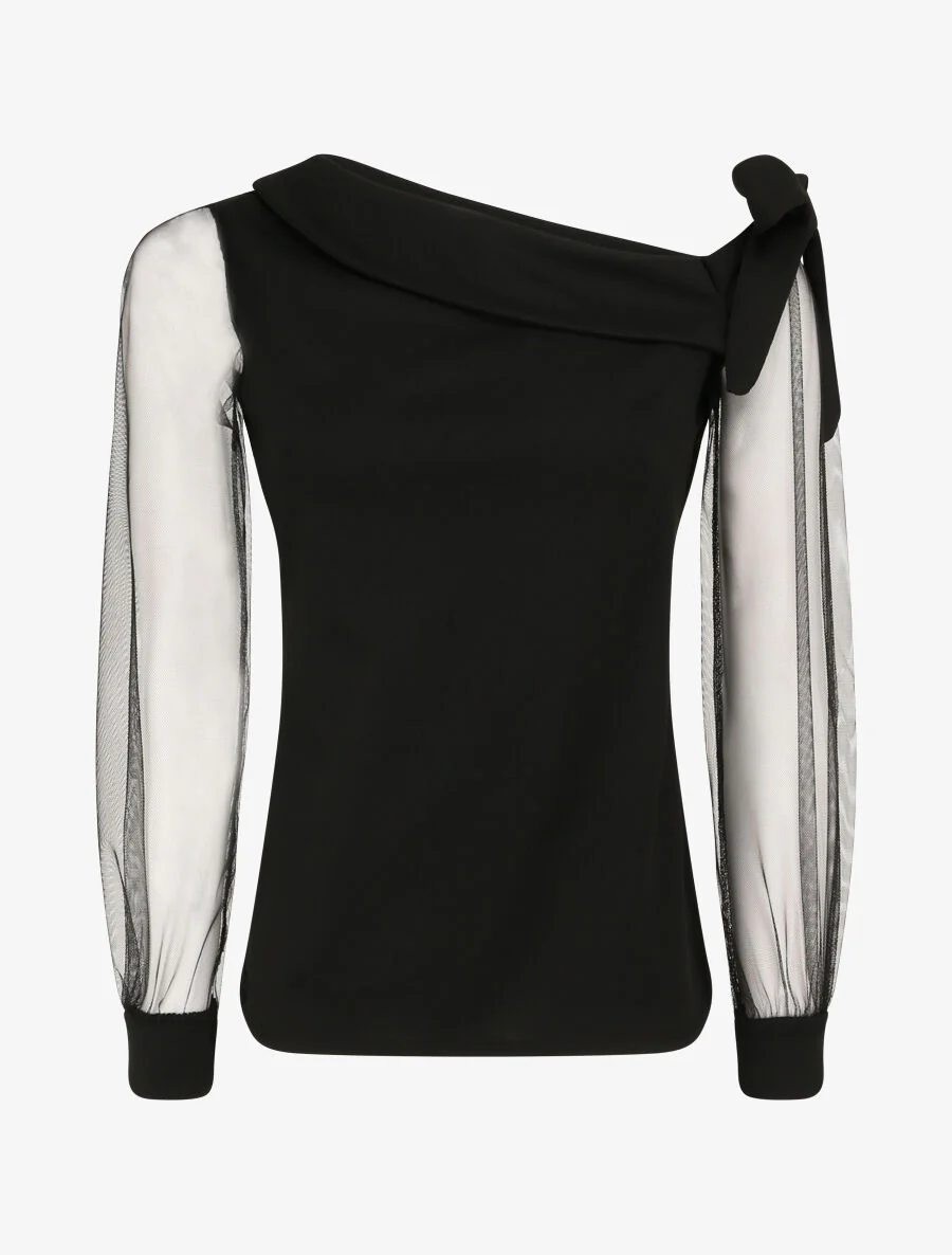 Top à manches en tulle et détail noeud - Noir