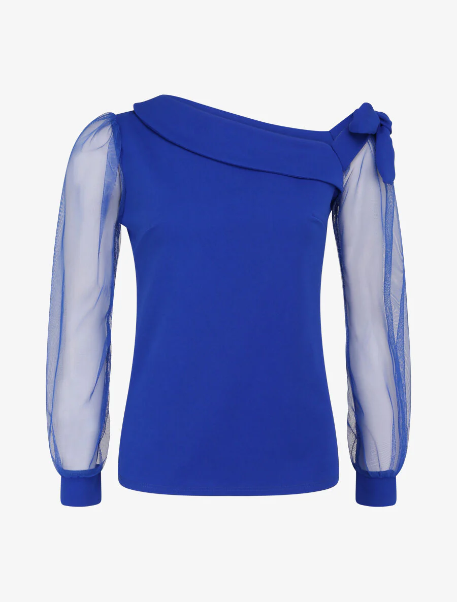 Top à manches en tulle et détail noeud - Bleu électrique