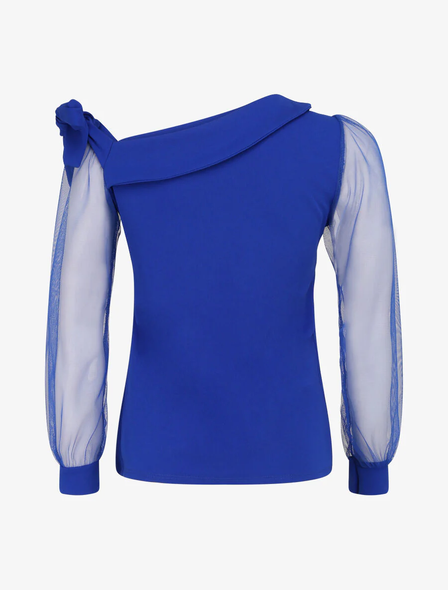 Top à manches en tulle et détail noeud - Bleu électrique - Image 2