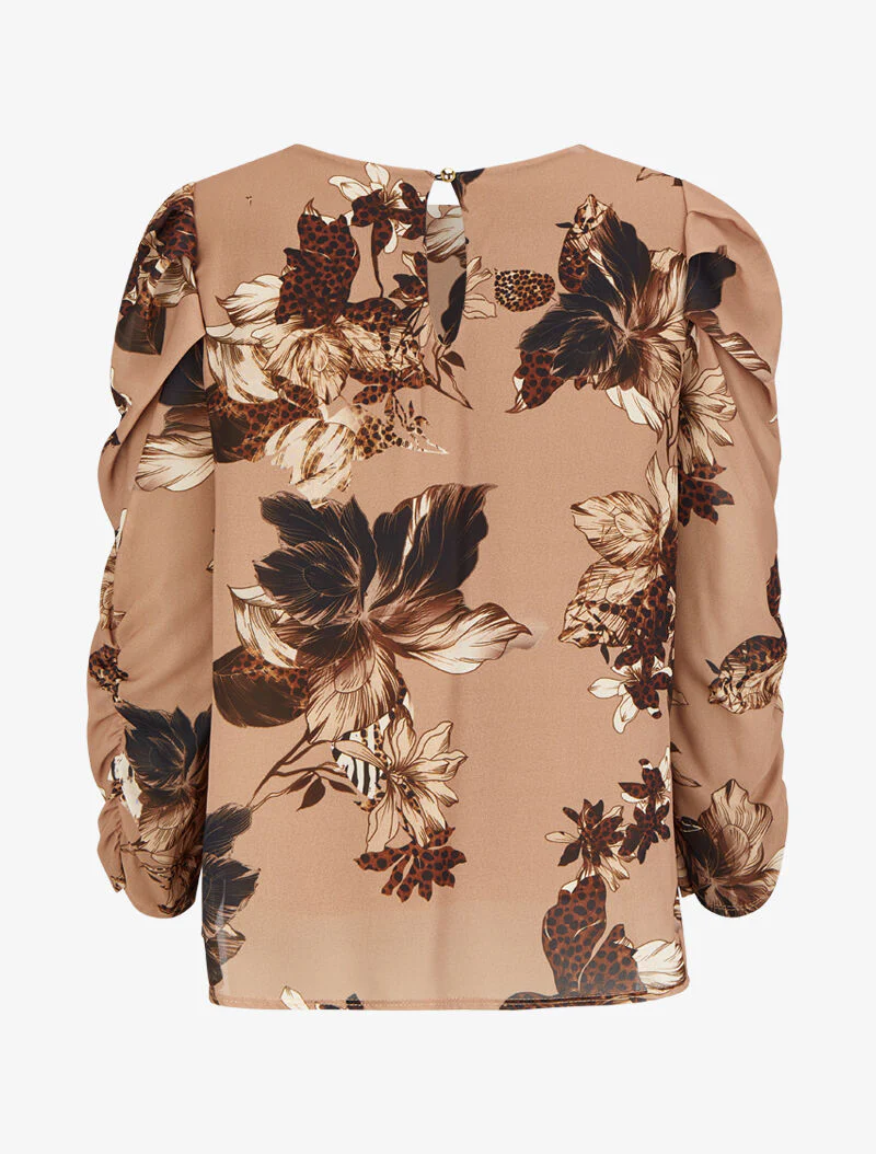 Top à manches gigot et imprimé fleurs et léopard - Taupe - Image 2