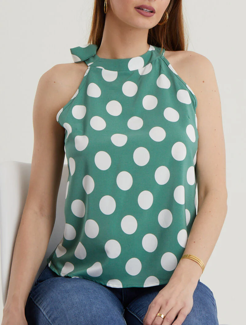Top à pois avec col à nouer - vert