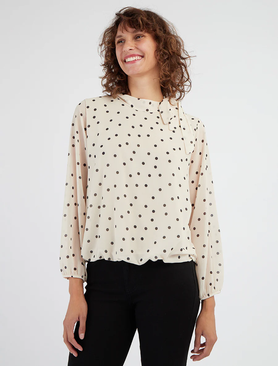 Top à pois et col lavallière - Beige