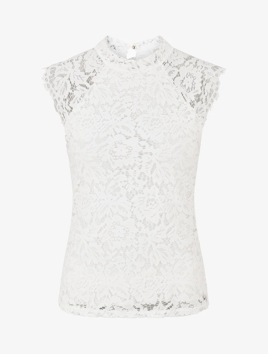 Top ajusté en dentelle col montant - Blanc