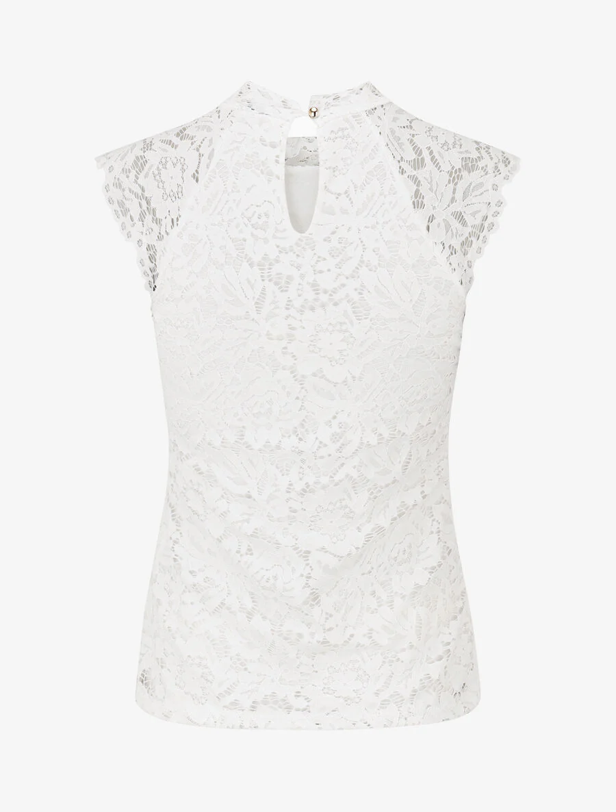 Top ajusté en dentelle col montant - Blanc - Image 2