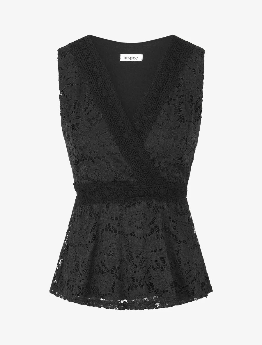 Top ajusté sans manches en dentelle - Noir