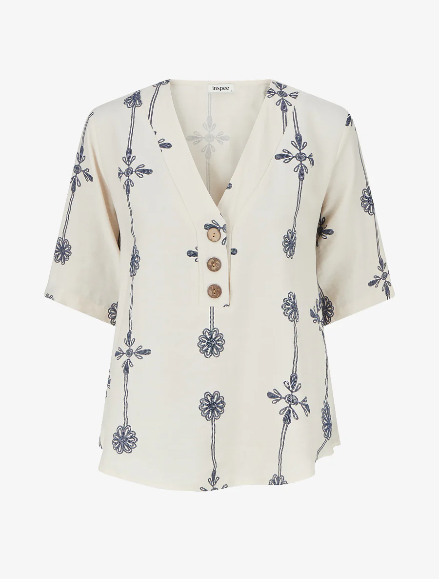 Top ample à manches courtes imprimé floral - Beige