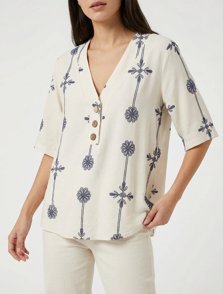 Top ample à manches courtes imprimé floral - Beige - Image 4