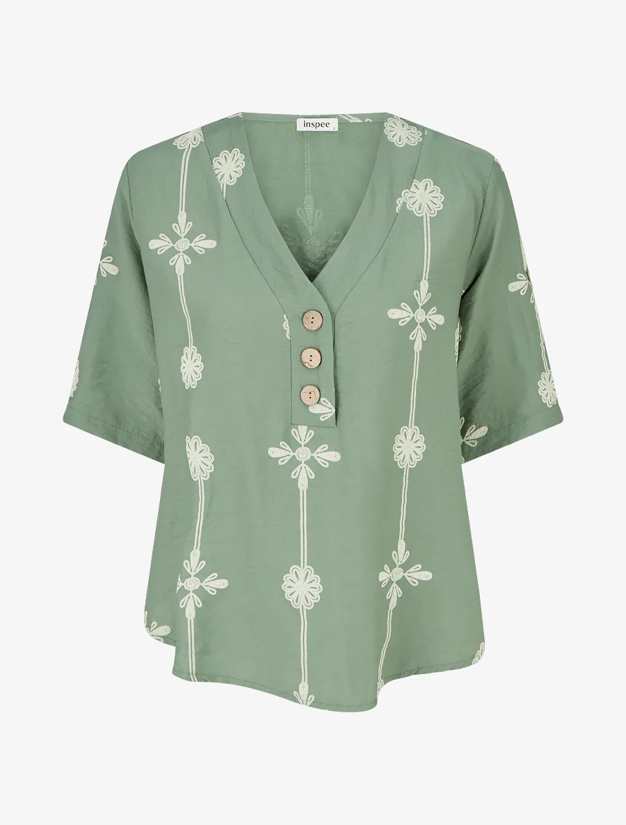 Top ample à manches courtes imprimé floral - Kaki