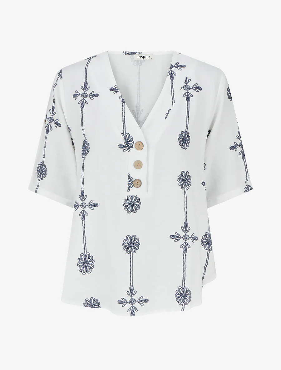 Top ample à manches courtes imprimé floral - Blanc
