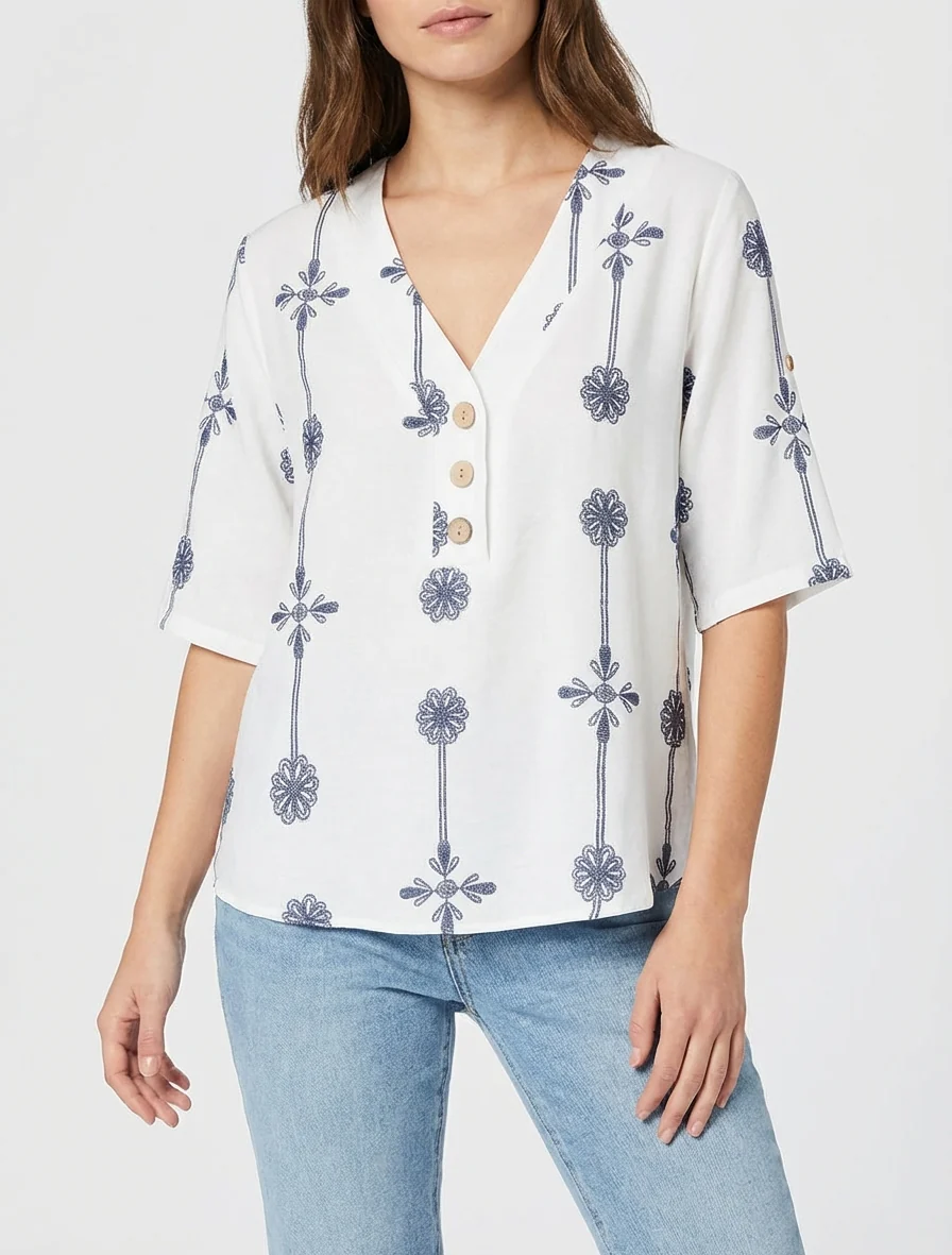 Top ample à manches courtes imprimé floral - Blanc - Image 4