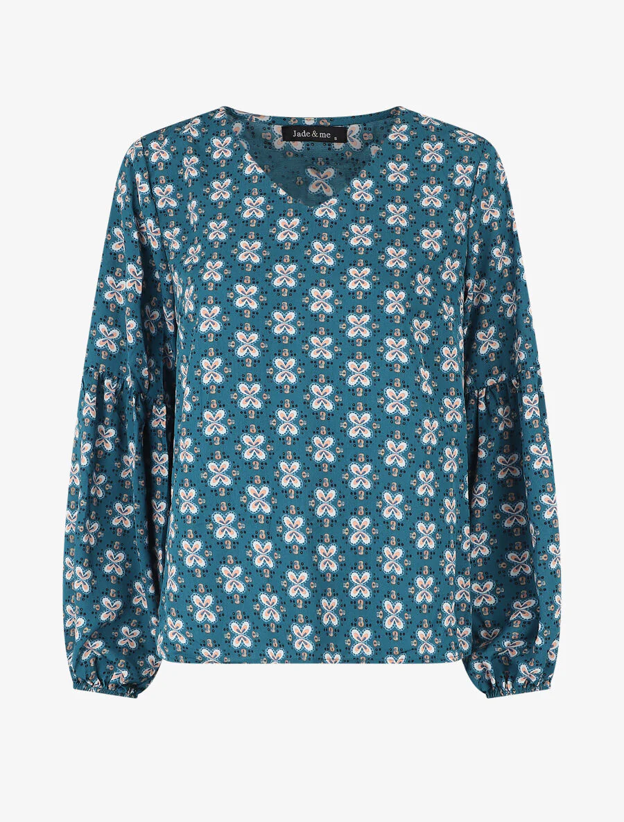 Top ample col V à fleurs - Bleu canard