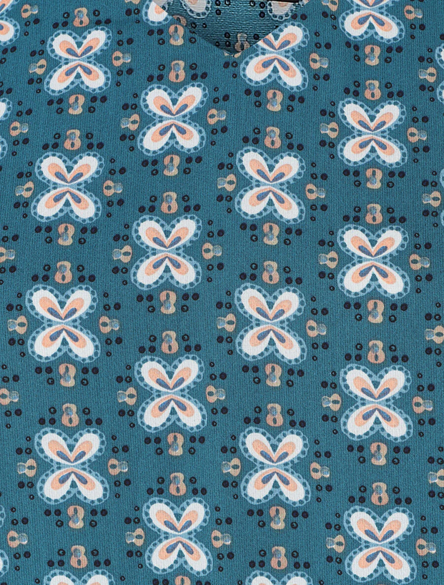 Top ample col V à fleurs - Bleu canard - Image 3