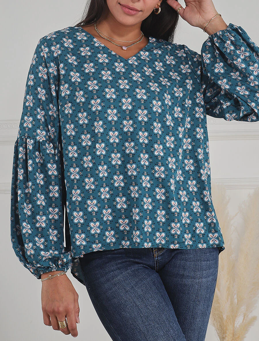 Top ample col V à fleurs - Bleu canard - Image 4