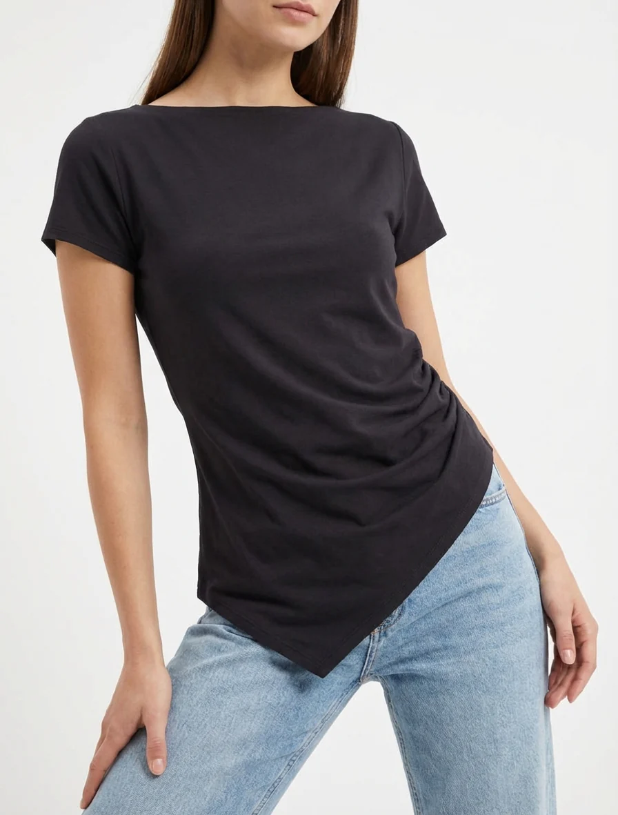Top asymétrique à manches courtes - Noir - Image 4