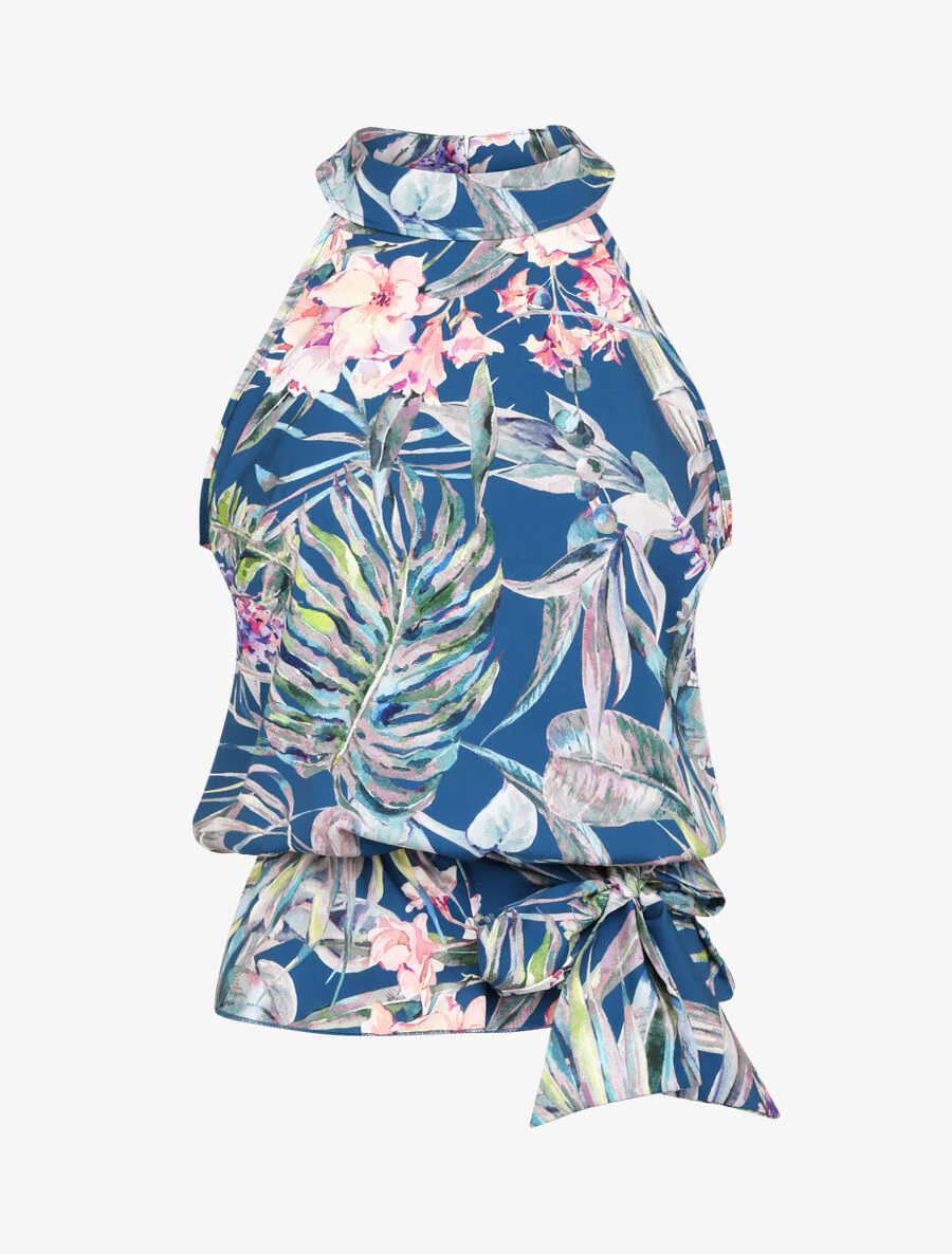Top boule à liens à nouer imprimé fleurs tropicales - Bleu canard