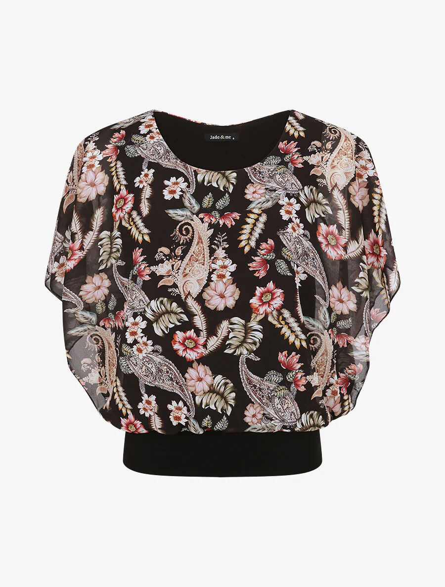 Top boule imprimé fleurs baroques - Noir