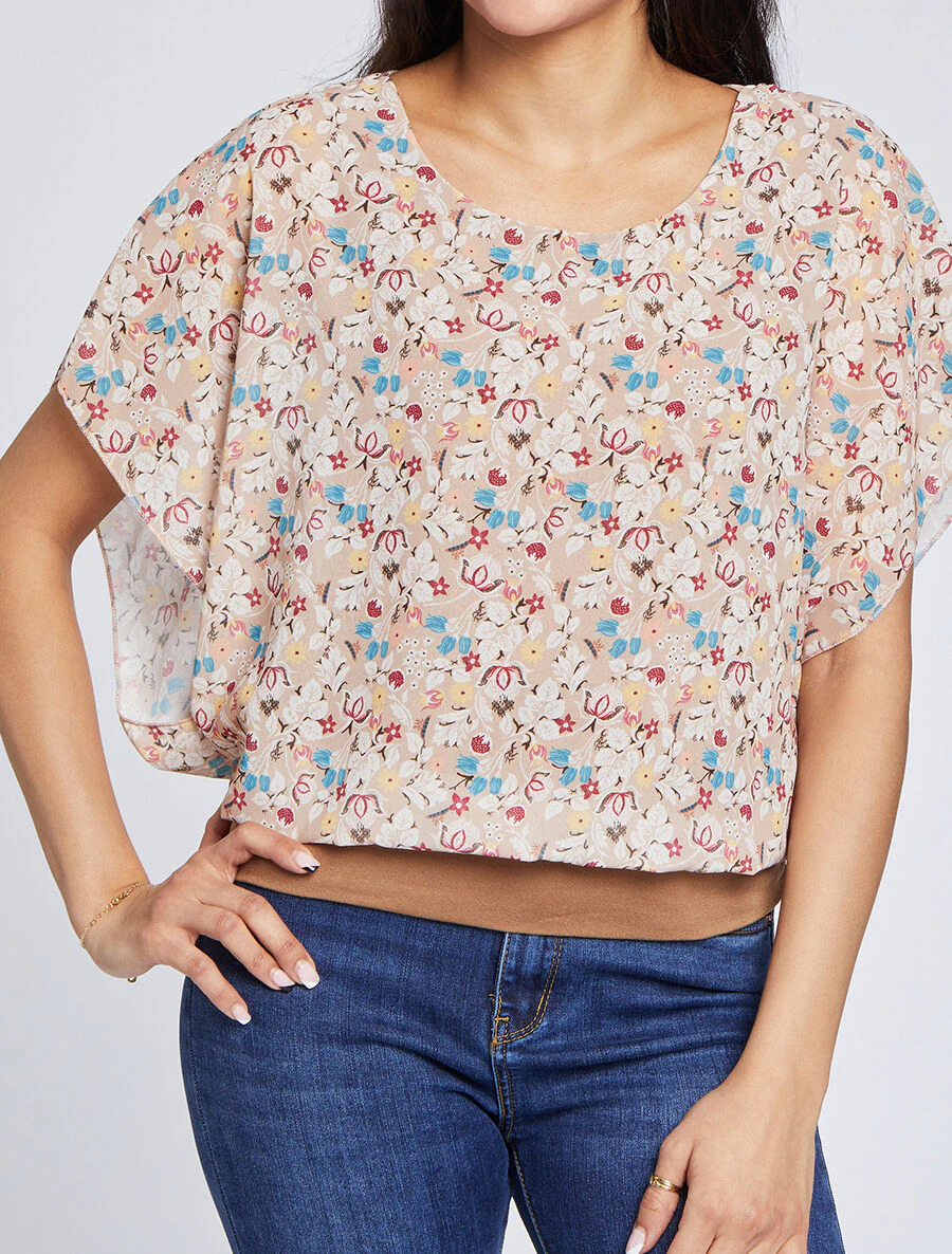 Top boule imprimé fleurs stylisées - Beige