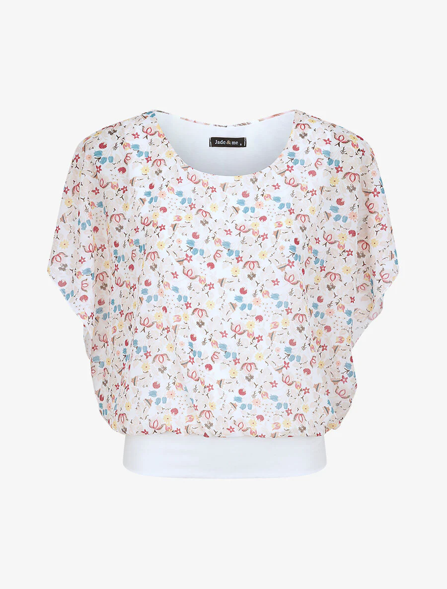 Top boule imprimé fleurs stylisées - Blanc