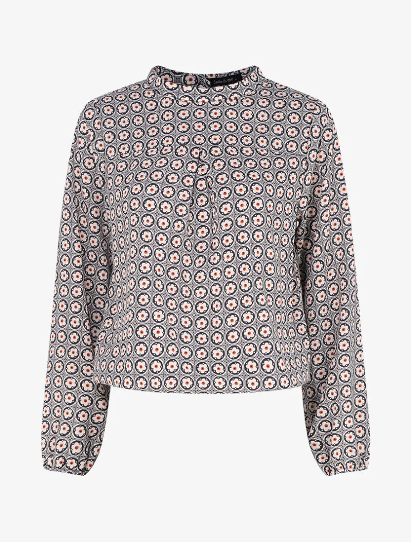 Top boule imprimé marguerites stylisées - Noir/beige