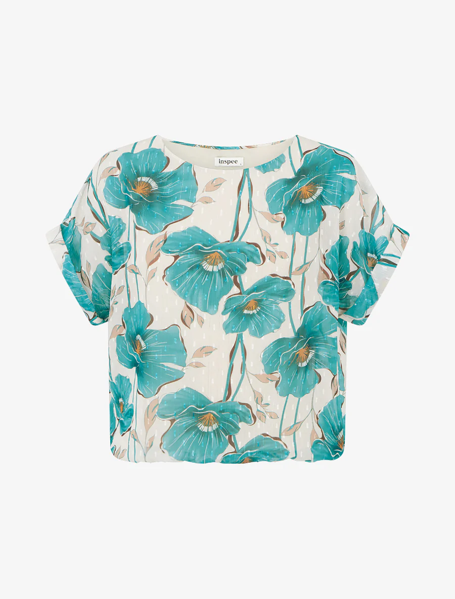 Top boule manches courtes à imprimé floral - Turquoise
