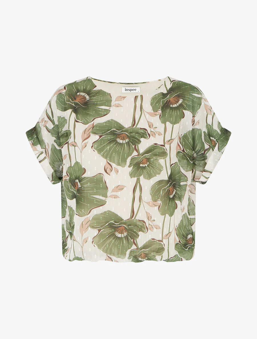 Top boule manches courtes à imprimé floral - Kaki