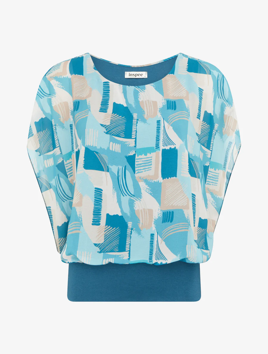 Top boule manches courtes imprimé graphique - Turquoise