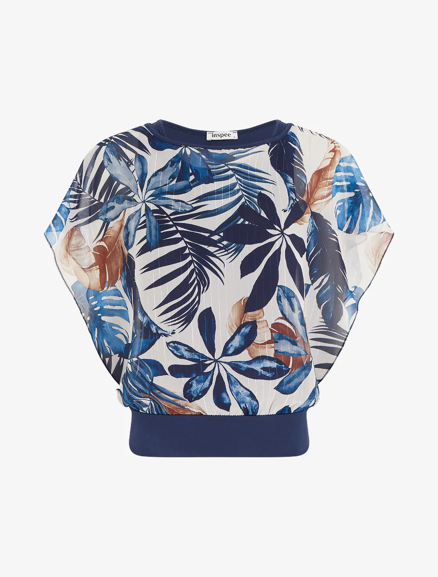 Top boule manches courtes imprimé tropical - Marine