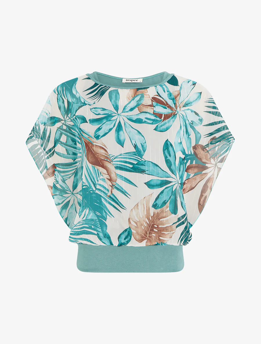 Top boule manches courtes imprimé tropical - Turquoise