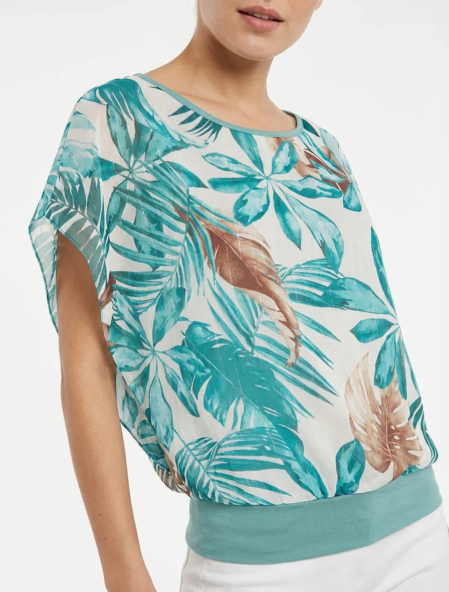 Top boule manches courtes imprimé tropical - Turquoise - Image 4