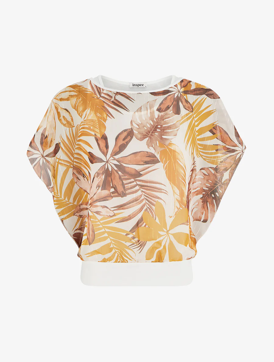 Top boule manches courtes imprimé tropical - Moutarde