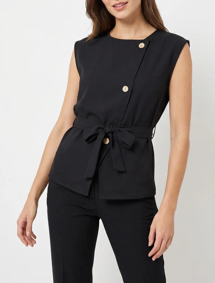 Top boutonné sans manches - Noir - Image 4