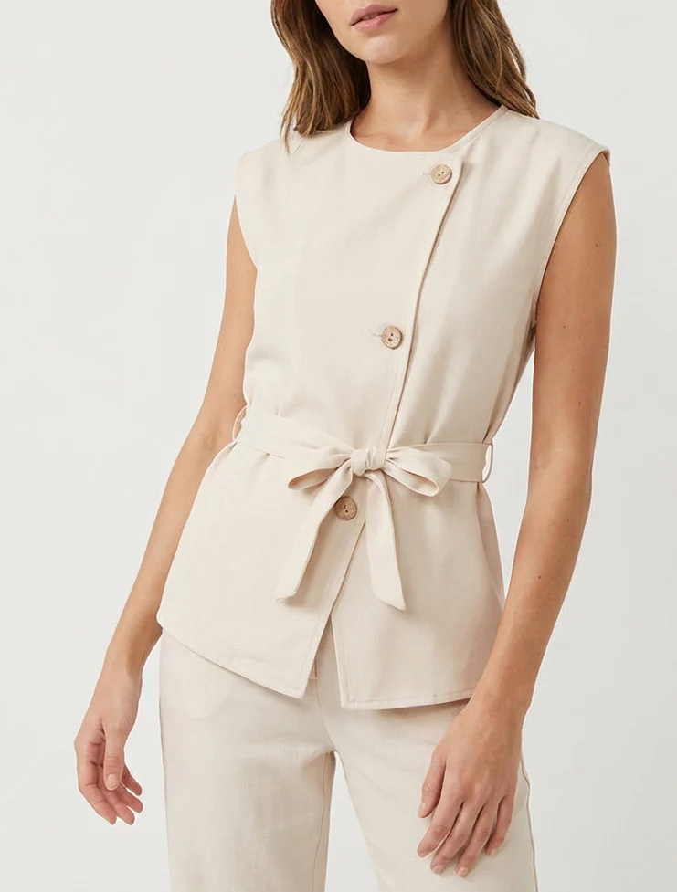 Top boutonné sans manches - Beige - Image 4