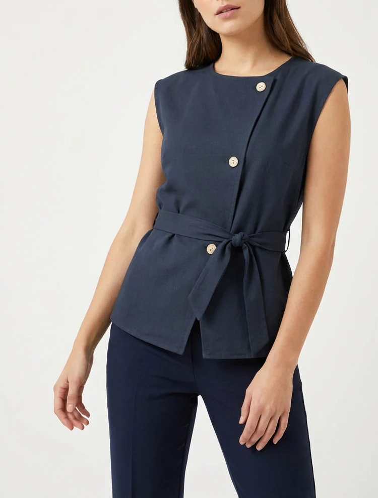 Top boutonné sans manches - Marine - Image 4