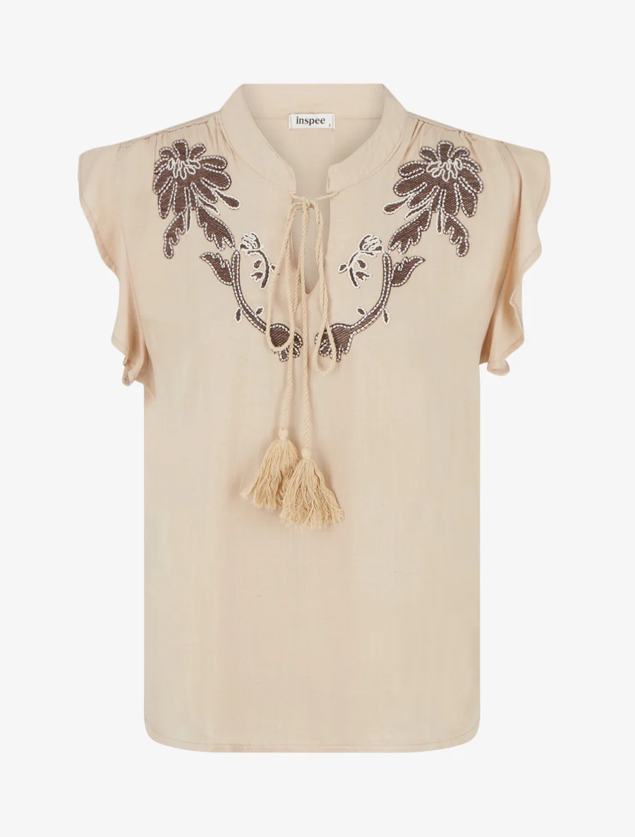 Top brodé à mancherons volantés - Beige
